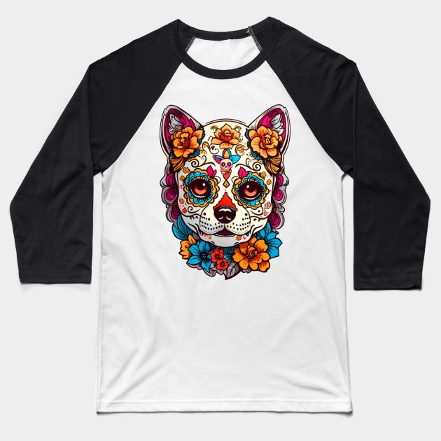 Sugar Skull Dog Baseball T-Shirt by CatCoconut-Art